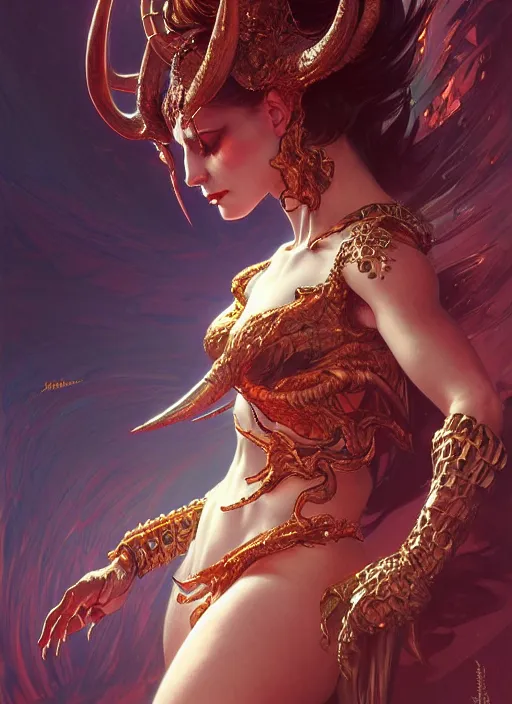 Prompt: demon dancer of the underworld, intricate, shiny, elegant, higly detailed, ultra definition, digital painting, artstation, unreal engine rendered, concept art, smooth, high speed, illustration, art by artgerm and greg rutkowski and alphonse mucha and james jean