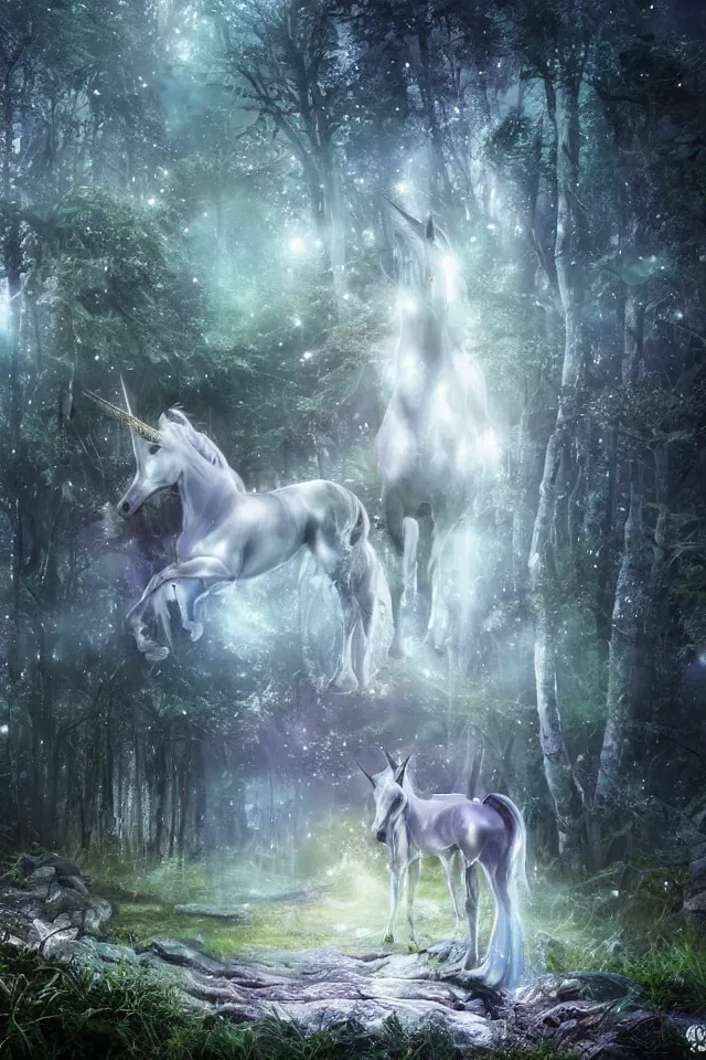 Prompt: there is a silver unicorn in the forest, unicorns around the shimmering light, fireflies flying in the forest, the dreamy crystal atmosphere ， super wide angle ， matte painting ， rtx on ， by karine eibatova and john pitre ， trending on cgsociety and artstation, volumetric light ， surreal