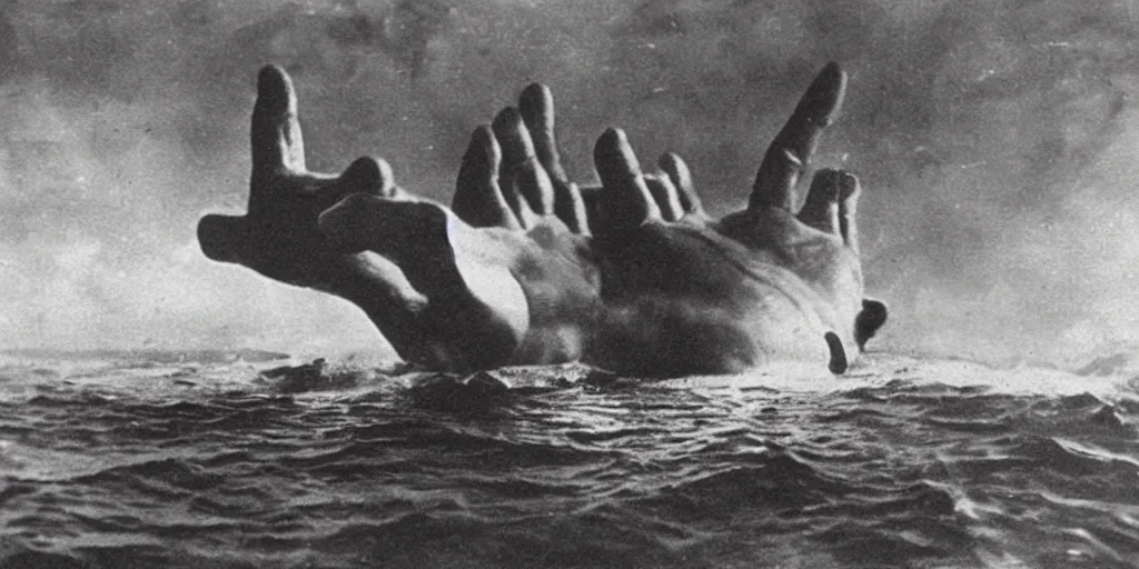 Image similar to a boat being grabbed by a giant underwater hand, 1 9 0 0 s photograph