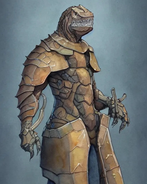 Image similar to a watercolor painting full body character portrait of a humanoid dinosaur paladin / cleric in the style of moebius in the style of leonard boyarsky trending on artstation deviantart pinterest furaffinity detailed photorealistic highlights and shadow hd 8 k post - processing high resolution
