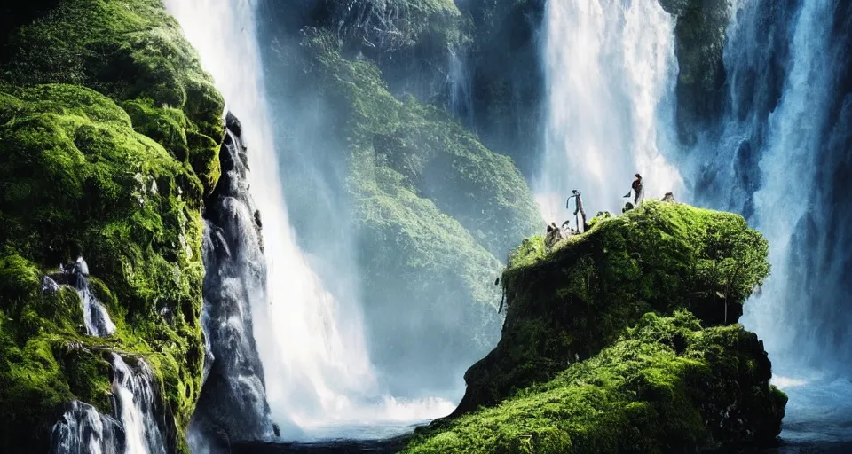 Image similar to An epic floating island in the sky, waterfall flowing down from the island, epic lighting, epic composition, cinematic