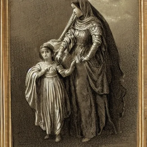 Prompt: a mother with a baby in her arm dressed as a knight, in the style of gustave dore
