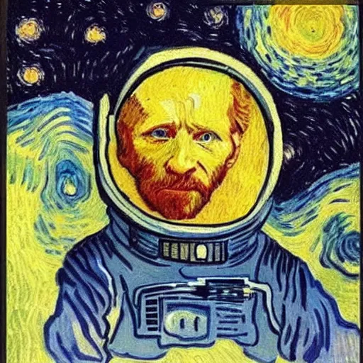 Image similar to Astronaut Lonely in the Galaxy - a painting by Van Gogh. very beautiful, HD detailed. Sad lighting, miserable emotions. The Astronaut is lost in the Galaxy.