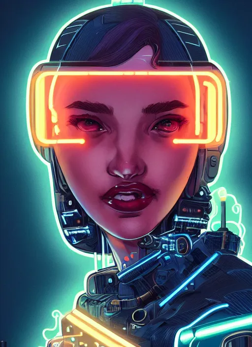 Image similar to portrait of a cyborg humanoid girl with mechanical and electronic element, denim jacket surrounded by neon light, illustrated by Artgerm and Michael Whelan and Laurie Greasley, highly detailed, trending on artstation