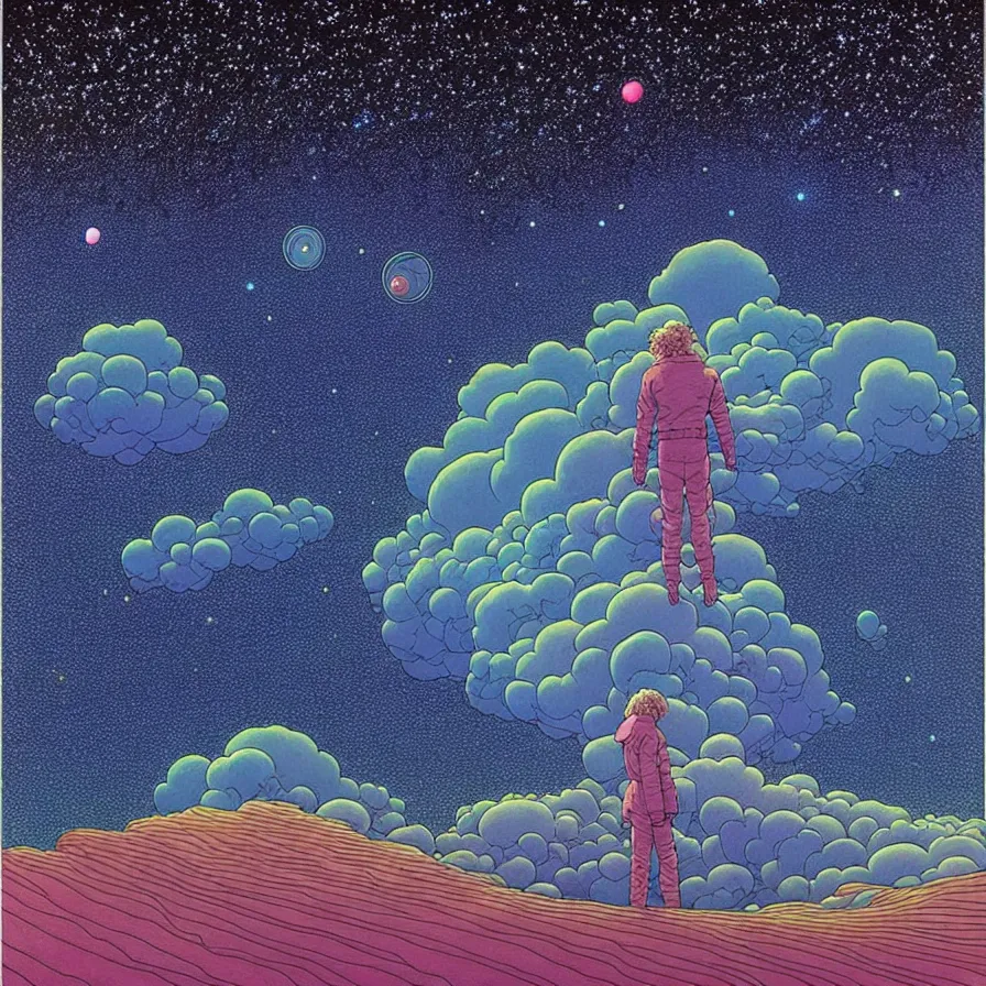 Image similar to ( ( ( ( beautiful starry sky and cloud ) ) ) ) ) by mœbius!!!!!!!!!!!!!!!!!!!!!!!!!!!, overdetailed art, colorful, record jacket, warm tones, bioluminescent