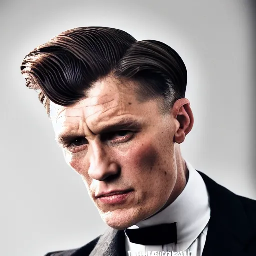 Prompt: Portrait photo of tommy shelby, color, studio lighting