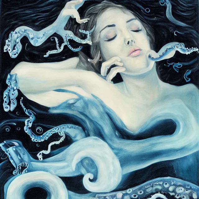 Prompt: a female art student falling asleep, misty, iceberg, black paint, dark, sensual, dreamy, waves, swirls, blue drips, squashed berries, octopus, neo - impressionist, surrealism