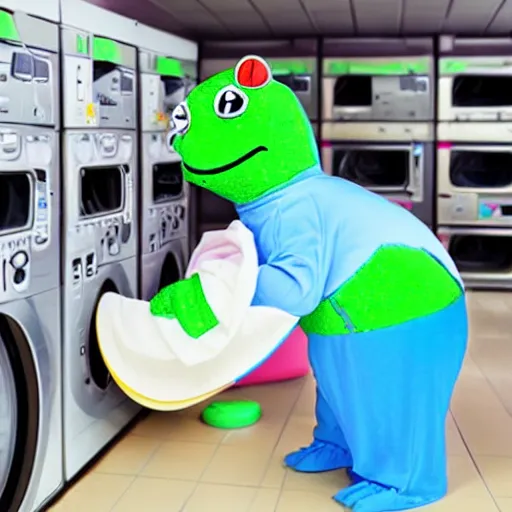 Image similar to plastic toy frog in a bunny suit cleaning up the laundromat, pastel colors