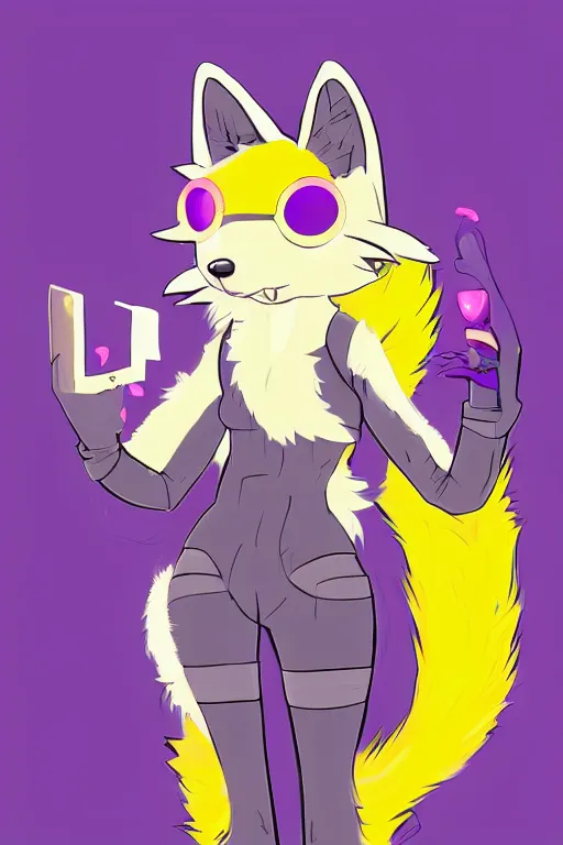 Image similar to a cute cyberpunk anthropomorphic fox with purple fur and yellow eyes and a fluffy tail, comic art, trending on furaffinity, cartoon, kawaii, backlighting, furry art!!!, cel shading, concept art, lineless