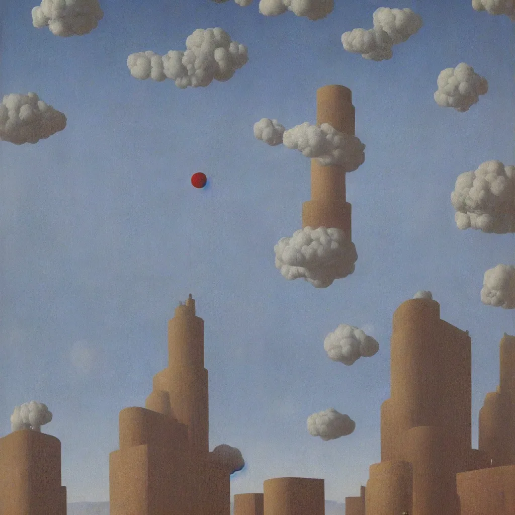 Prompt: a single! colorful!! fungus tower clear empty sky, a high contrast!! ultradetailed photorealistic painting by rene magritte, hard lighting, masterpiece