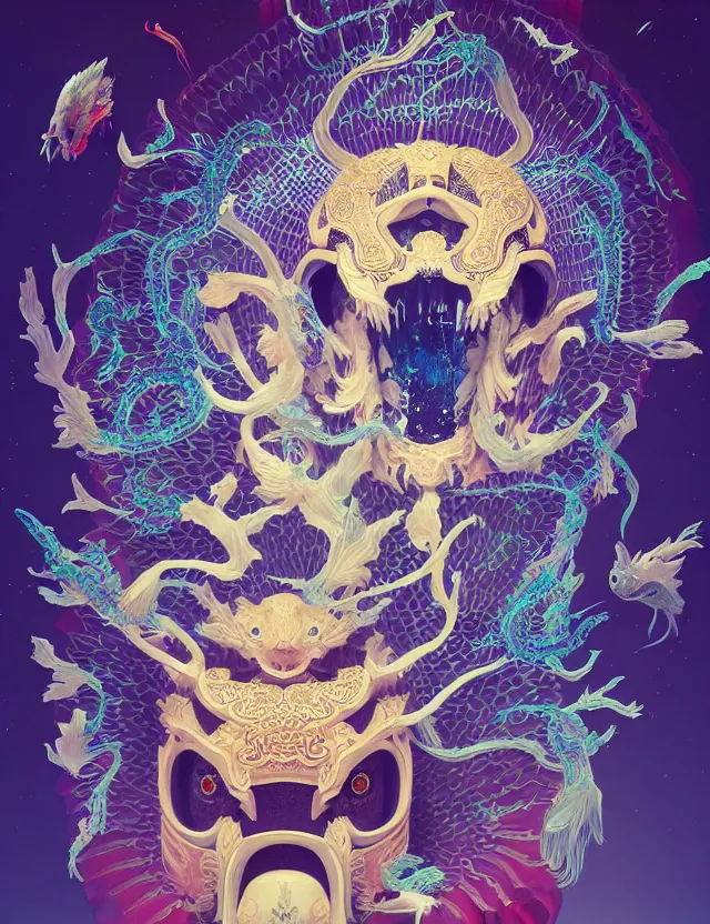 Prompt: 3 d chapel space frontal portrait with ram skull. beautiful intricately detailed japanese crow kitsune mask and clasical japanese kimono. betta fish, jellyfish phoenix, bio luminescent, plasma, ice, water, wind, creature, artwork by tooth wu and wlop and beeple and greg rutkowski