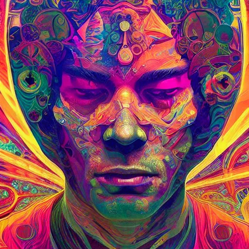 Image similar to An extremely psychedelic experience, colorful, surreal, dramatic lighting, cosmonaut, LSD, face, detailed, intricate, elegant, highly detailed, digital painting, artstation, concept art, smooth, sharp focus, illustration, art by Sam Spratt, Dan Mumford, Artem Demura and Alphonse Mucha