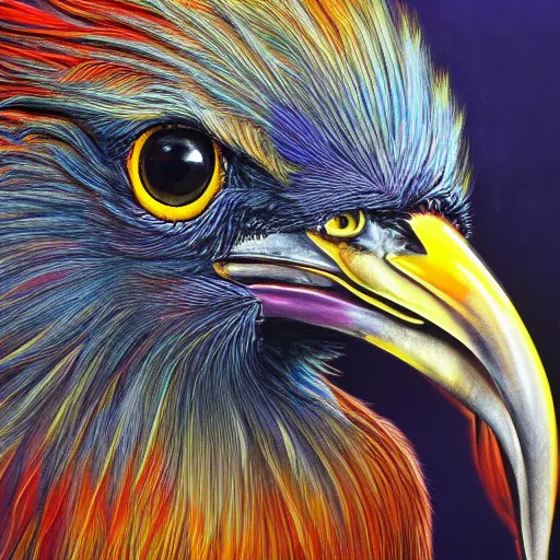 Prompt: a super majestic, beautiful strange true to life hyperrealistic oil painting depicting a good mood on a bad day. 1 6 k resolution. vivid light and colors. fantastically special beautifully elegant crow with a mix of unbelievably iridescent feathers, highly detailed image shown a variety of different styles of a mentally ill chicken.