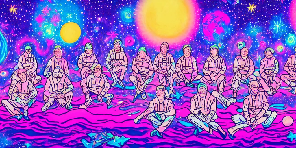 Prompt: twelve astronauts sitting by the river with a big holiday cake + psychedelic vegetation + purple, pink, blue + planets and stars + mystical fog, super detail, high quality