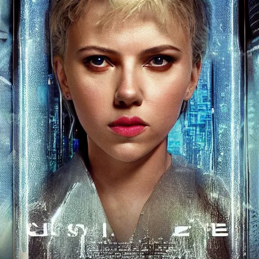 Image similar to a beautiful medium - shot still of scarlett johansson from ghost in the shell looking off into the distance, a - line bob hairstyle, black hairs, ultra realistic, soft, blue hour, soft neons light from night city falling on her face. focus on her eyes and brows. by annie leibowitz