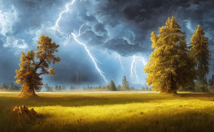 Image similar to lightning strikes a tree in the middle of a field, fantastic landscape, hyperrealism, no blur, 4k resolution, ultra detailed, style of Anton Fadeev, Ivan Shishkin, John Berkey