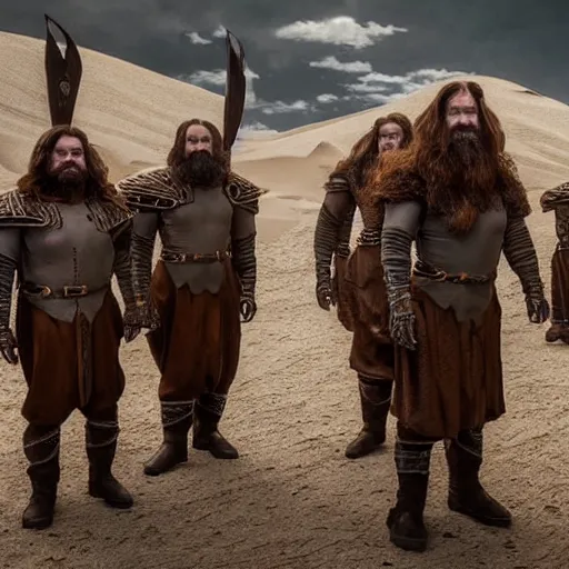 Image similar to the dwarves in futuristic costumes from the Dune movie by Denis Villeneuve, highly detailed photorealistic cinematic photoshot, high quality light postprocessing