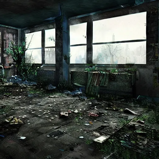 Prompt: “derelict and abandoned housing projects, tins of food on the floor, a deer eating from the floor, broken signs, broken lights, a body on the floor, shadows of zombies, muted tones, volumetric lighting, puddles, moss, branches, photorealism, high detail, golden ratio, cinematic, octane renderer, the last of us”