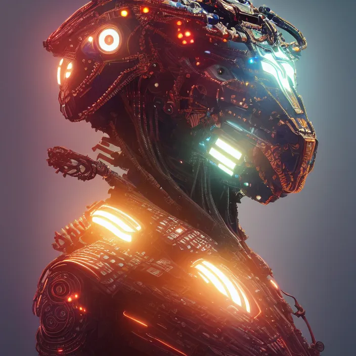 Image similar to symmetry! portrait of a hybrid robot helhound, leds! horizon zero dawn machine, intricate, elegant, highly detailed, digital painting, artstation, concept art, smooth, sharp focus, illustration, art by artgerm and greg rutkowski and alphonse mucha, 8 k