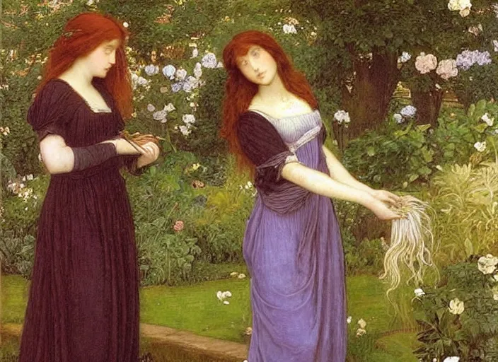 Prompt: a very very very beautiful Pre-Raphaelite painting of two women in a lush garden brushing their hair, by Waterhouse