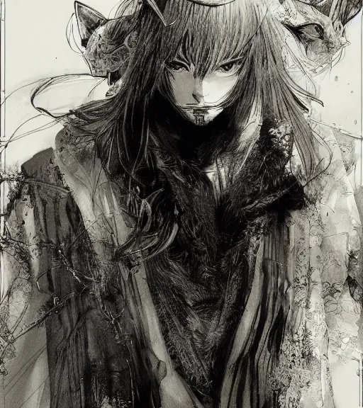 Prompt: portrait of anime cat with long hair wearing a dark robe, pen and ink, intricate line drawings, by craig mullins, ruan jia, kentaro miura, greg rutkowski, loundraw