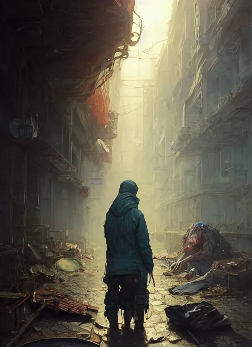 Image similar to Highly detailed portrait of homeless and beaten up Ghoul, Stephen Bliss, unreal engine, fantasy art by Greg Rutkowski, Loish, Rhads, ferdinand knab, Makoto Shinkai and Lois van baarle, ilya kuvshinov, rossdraws, Tom Bagshaw, alphonse mucha, global illumination, radiant light, detailed and intricate environment