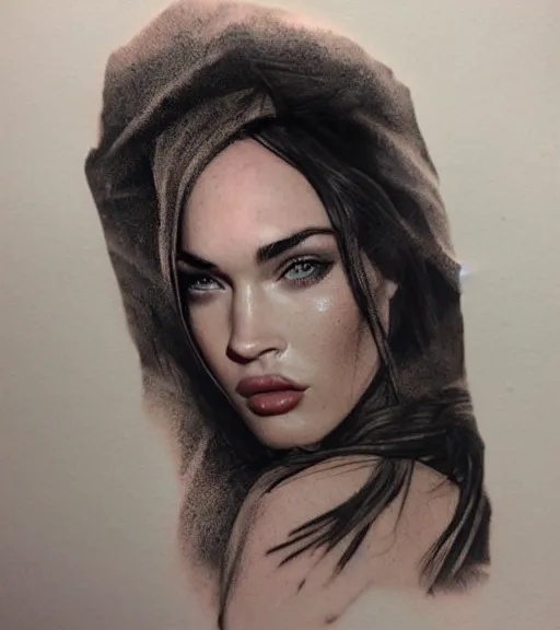 Image similar to megan fox face double exposure with beautiful mountains, tattoo sketch, hyper - realistic, in the style of matteo pasqualin, amazing detail, sharp, faded