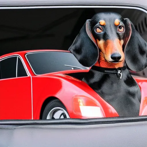 Image similar to dachshund driving a Porsche