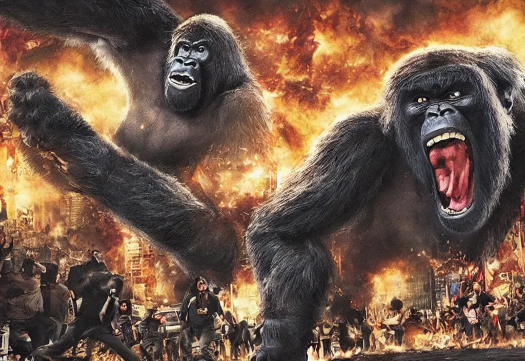 Prompt: An king Kong rage on street, Hollywood scene , cinematic , 2012, end of the world movie , full color