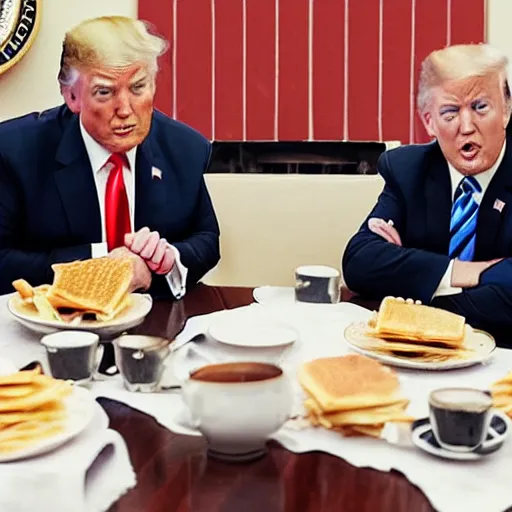 Image similar to photograph of trump and Biden sitting and eating breakfast at a Wafflehouse