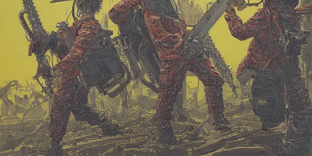 Prompt: Highly detailed painting of a chainsaw man by moebius