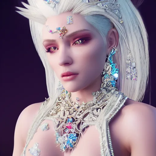 Prompt: portrait of radiant princess with white hair, beauty, ornate and intricate diamond jewelry, jaw dropping, white accent lighting, hyper detailed, 4 k octane render