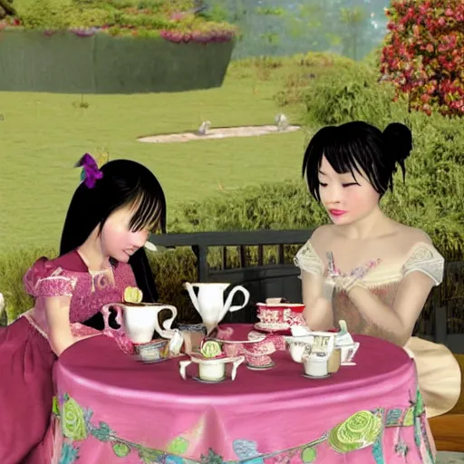 Image similar to Meilin Lee from Turning Red and Mirabel Madrigal from Encanto having a tea party, 8k, ultra realistic, highly detailed