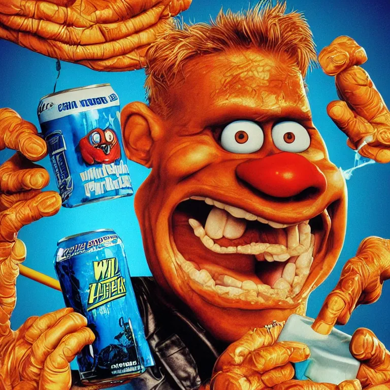 Image similar to 1 9 9 0's wild advertisement octane render portrait by wayne barlow and carlo crivelli and glenn fabry and pixar, a crazed humanoid cartoon leapord smoking a cigarette while holding up a colorful neon blue energy drink while standing on a playground, cinema 4 d, ray traced lighting, very short depth of field, bokeh