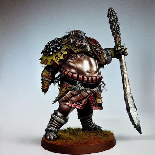 Image similar to ogre warrior wearing plated armor who is holding a battle axe in the style of warhammer fantasy : : head and torso oil painting