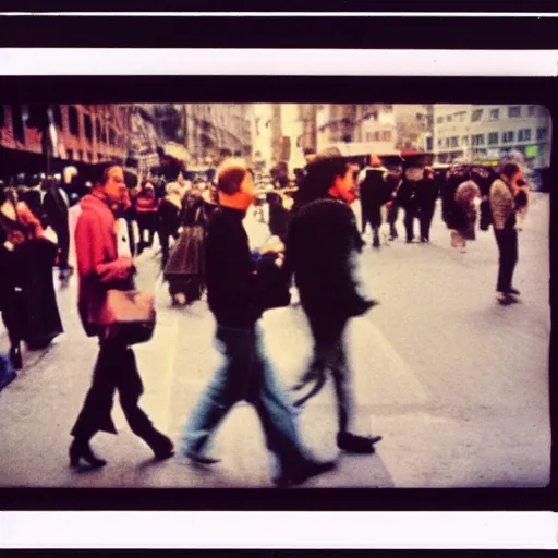 Prompt: wide - shot very low - angle, ant's eye view, messy photo of walking people in the busy street, crossing road, polaroid photo, by andy warhol