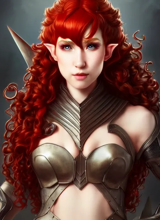 Image similar to leather armor!!! beautiful and elegant curly red hair female elf!! gorgeous ayes!! character concept art, sharp focus, octane render! unreal engine 5! highly rendered!! trending on artstation!! detailed linework!! illustration by artgerm, wlop, and chie yoshii