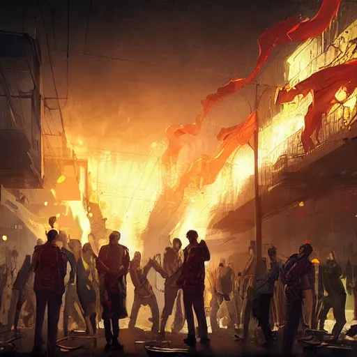 Prompt: human rights riot, detailed digital illustration by greg rutkowski, fire, android netrunner