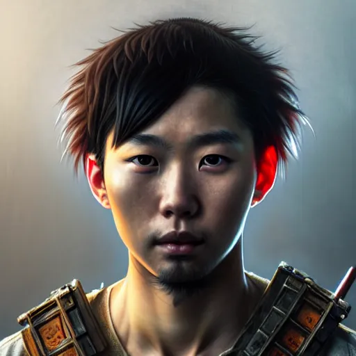 Image similar to portrait painting of a post - apocalyptic japanese young man wearing rusty samurai armor, ultra realistic, concept art, intricate details, eerie, highly detailed, photorealistic, octane render, 8 k, unreal engine. art by artgerm and greg rutkowski and charlie bowater and magali villeneuve and alphonse mucha