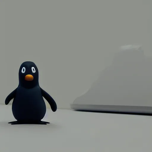 Image similar to pingu sitting behind a computer, 3 d render,, art, epic lighting, clay, claymation