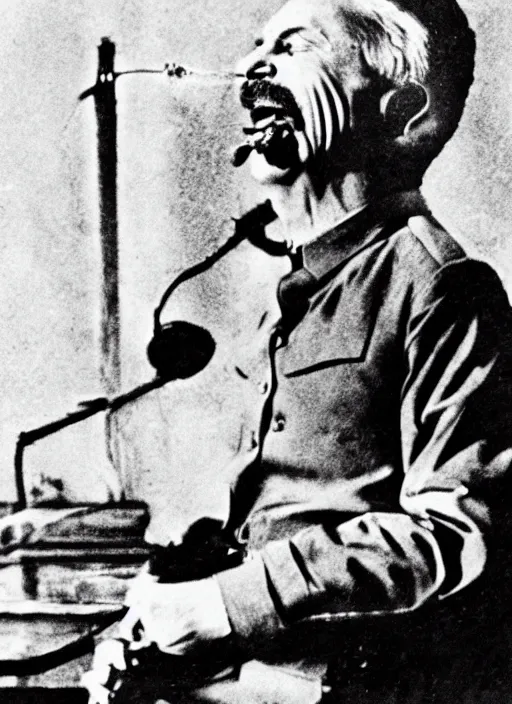 Image similar to Old detailed photograph of Stalin playing Xbox, screaming into the microphone with a bowl of Doritos beside him