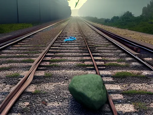 Image similar to man stops train and throws rocks to cars in the highway, dramatic lighting, 3 d render, photorealism, unreal engine, art by michael whelan and chris moore and howard david johnson and tim white and dan giancola