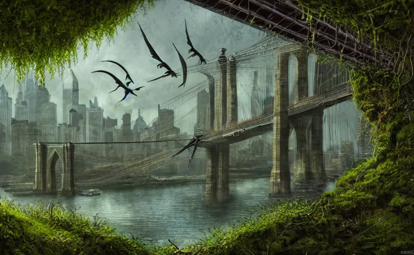 Image similar to an epic landscape view of vines and moss growing on the brooklyn bridge, moss, jungle, with pterosaurs flying, close - up, low angle, wide angle, atmospheric, volumetric lighting, cinematic, very realistic, sharp, highly detailed digital art, painted by tyler edlin