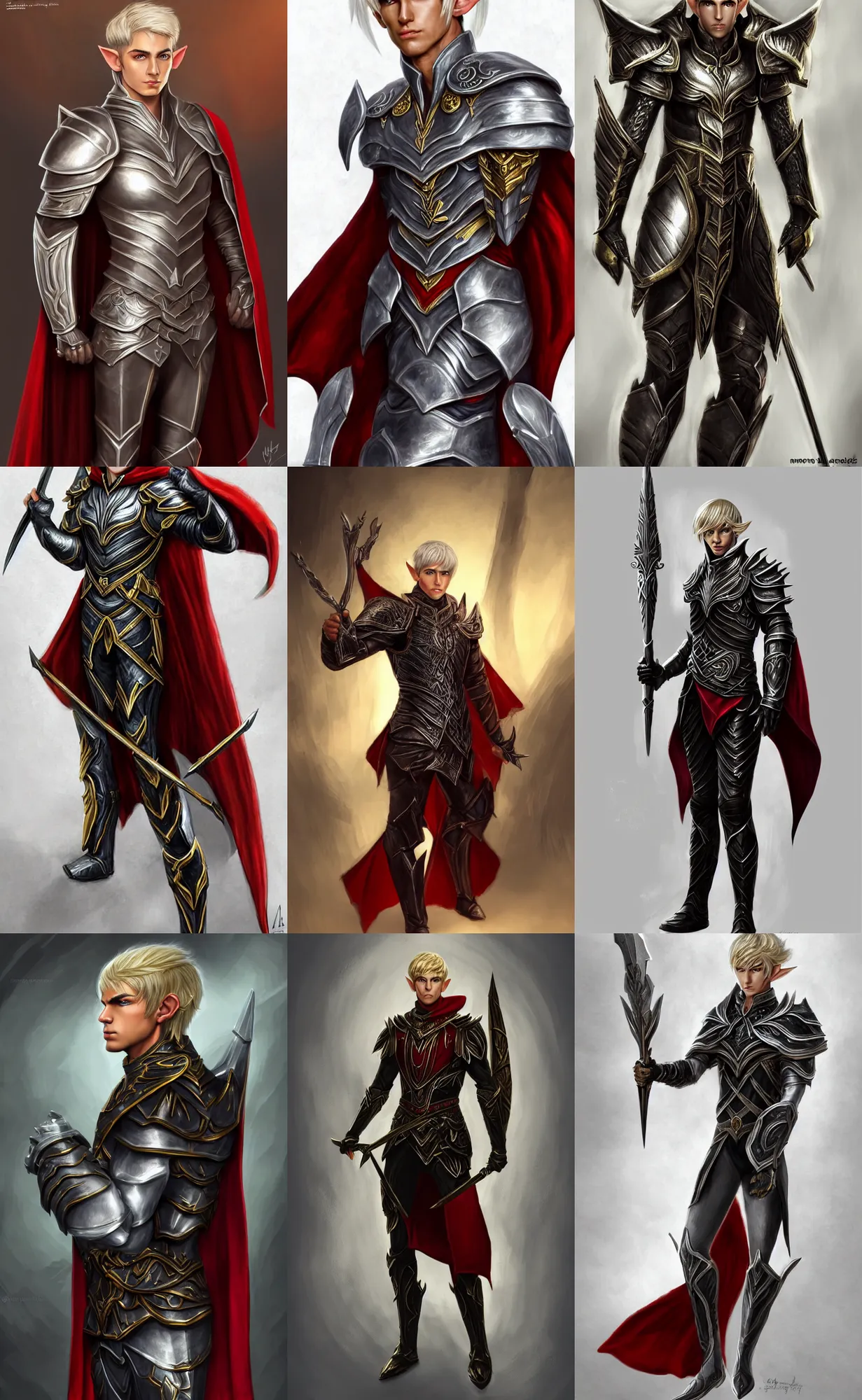 Prompt: A full body portrait of a male elf, he is about 20 years old, attractive, lean but muscular, serious composure, short silver hair, prideful look, he is wearing black heavy armor with gold plating with a red cape, highly detailed portrait, digital painting, ArtStation, concept art, smooth, sharp focus illustration, ArtStation HQ