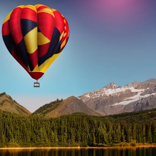 Prompt: realistic extremely detailed photo of a hot air balloon flying above a beautiful reflective mountain lake, two black swans swimming in the lake, touching heads, forming a heart with their necks, granular detail, holographic krypton ion, octane render, 4k, f32,55mm photography, wide angle