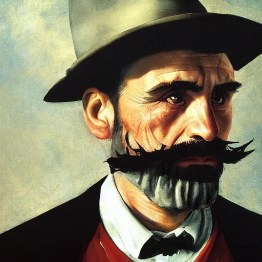 Image similar to Daniel Plainview in There Will be Blood painting by Caravaggio. High quality.