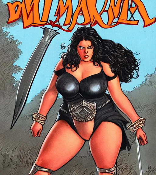 Prompt: 1 9 8 0 s fantasy novel book cover, bbw plus size amazonian emma stone in extremely tight bikini armor wielding a cartoonishly large sword, exaggerated body features, dark and smoky background, low quality print