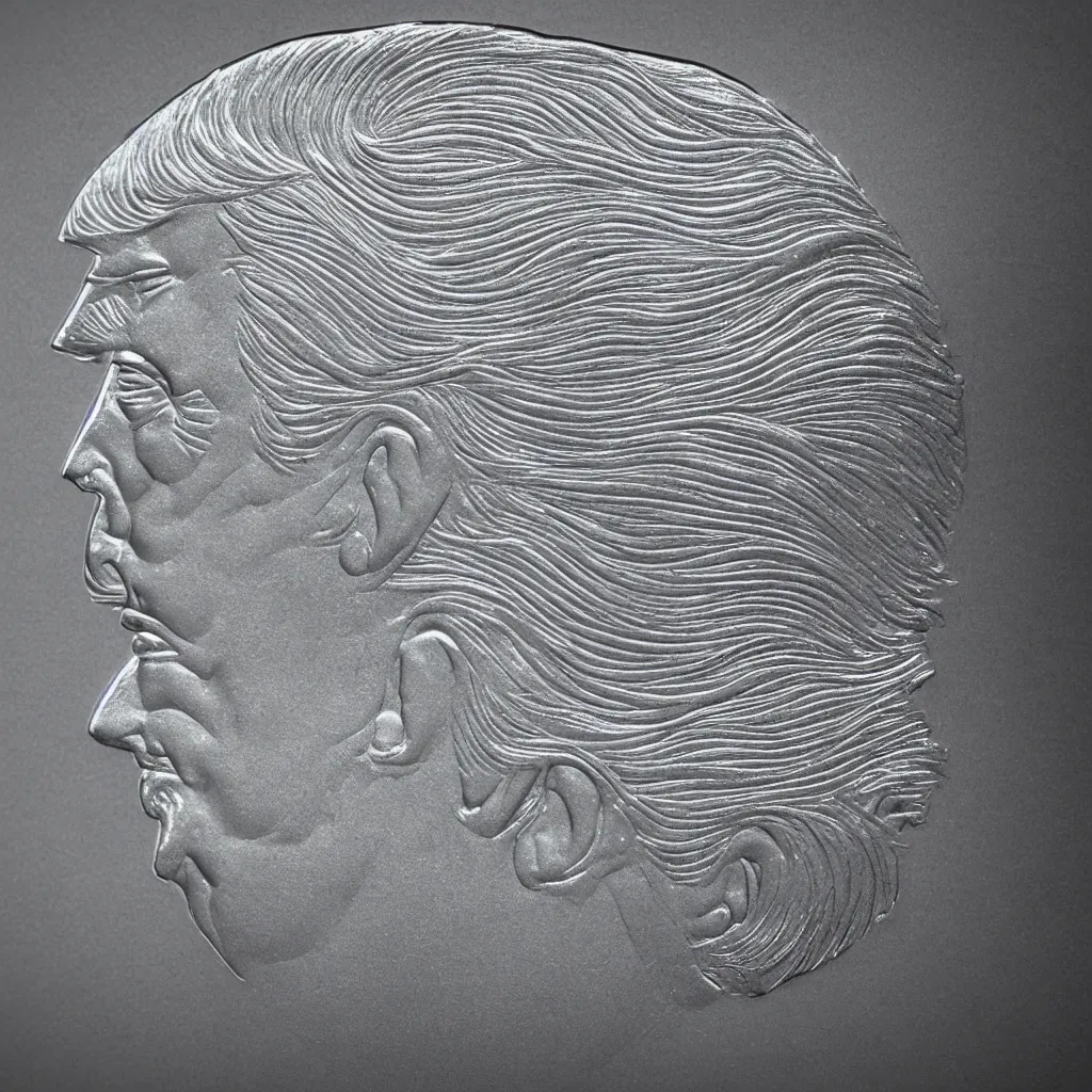 Image similar to Donald Trumps profile on a silver coin, photorealistic