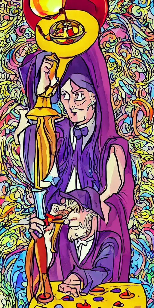 Image similar to a mystical man with a goblet on the table, wizard hat, psychedelic, Sailor Moon style,