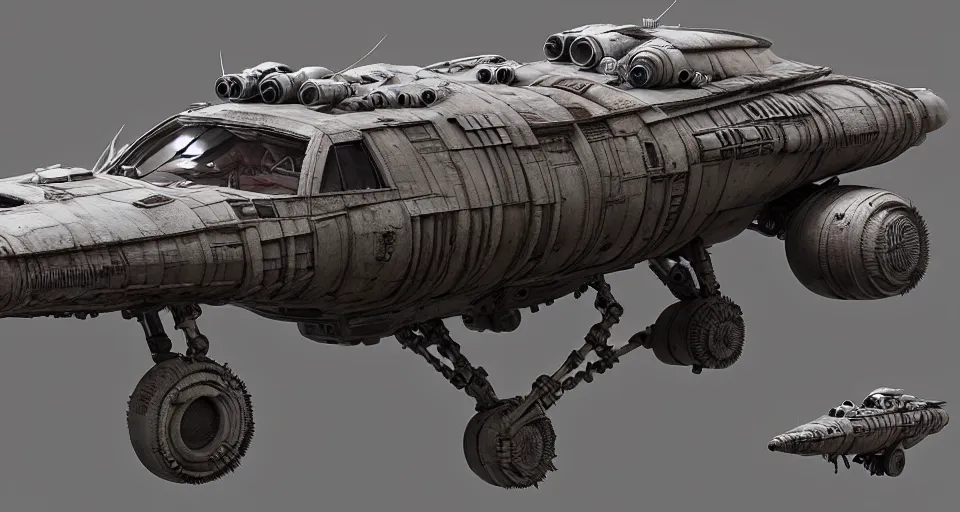 Image similar to highly detailed cinematic scifi render of 3 d sculpt of fury road spaceship, guardians of the galaxy, star wars, maschinen krieger, raphael lecoste